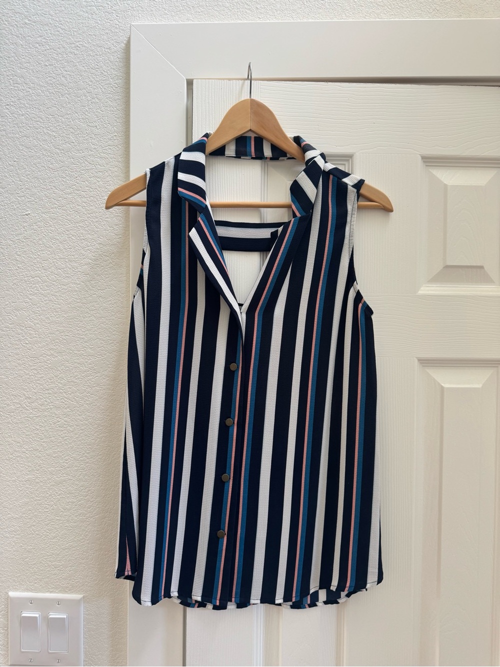 Pixley Navy, White & Pink Vertical Stripe Sleeveless Blouse
